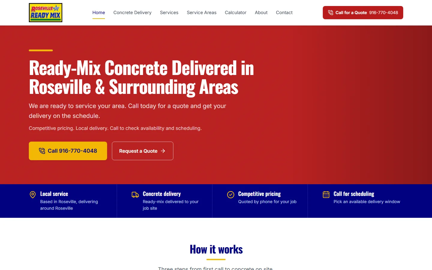 The rosevillereadymix.com homepage: the Roseville Star Ready Mix logo and a menu of Home, Concrete Delivery, Services, Service Areas, Calculator, About and Contact, with a red Call for a Quote button. A red banner reads Ready-Mix Concrete Delivered in Roseville and Surrounding Areas, with a Call button and a Request a Quote button. A blue strip below lists Local service, Concrete delivery, Competitive pricing and Call for scheduling.