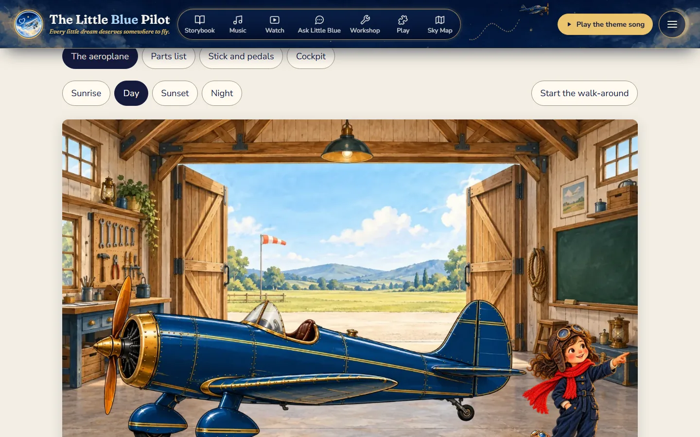 The Hangar on littlebluepilot.com by day: a navy-blue low-wing aeroplane with brass trim and a wooden propeller parked inside a timber hangar, its doors open on a grass airfield with a windsock. A girl in a leather flying cap, goggles and a red scarf stands by the tail, pointing. Above the painting are buttons for The aeroplane, Parts list, Stick and pedals and Cockpit, for Sunrise, Day, Sunset and Night, and Start the walk-around.