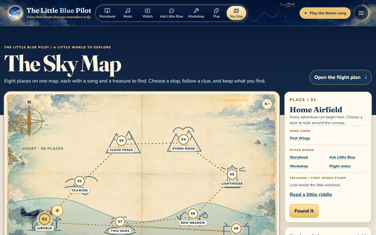 The Sky Map on littlebluepilot.com by day: a hand-drawn chart of Little Blue's world with eight numbered places joined by a dotted route, among them Home Airfield, Tailwind, Cloud Peaks, Storm Ridge, the Lighthouse, Dew Meadow and Two Skies, and a compass rose. Beside the chart, the card for place 01, Home Airfield, lists its song, First Wings, doors to the Storybook, Ask Little Blue, the Workshop and Flight notes, and the treasure to find there, with a Found it button.
