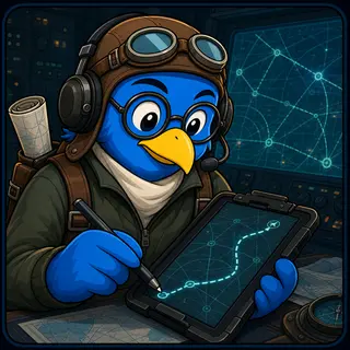 Route Cartographer avatar — a cartoon bird pilot portrait from the game