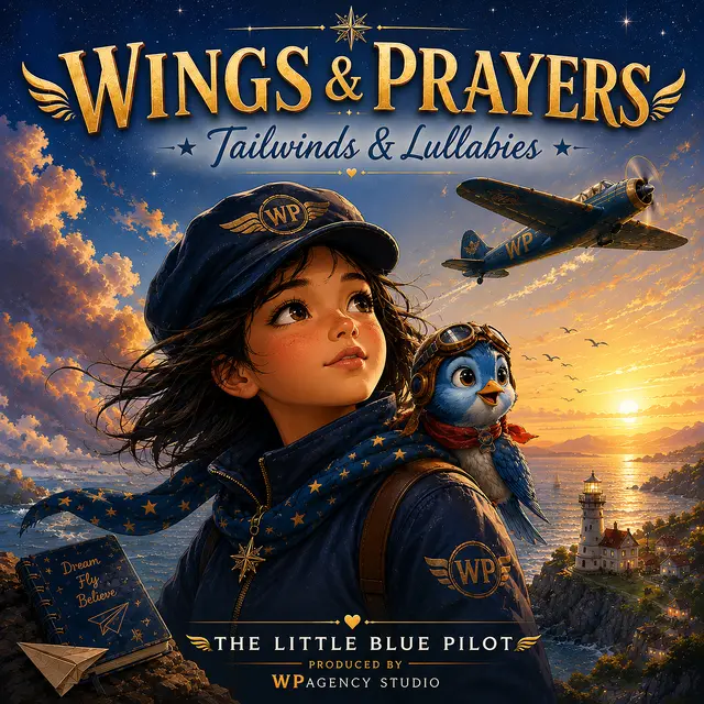 Wings & Prayers album cover — a young pilot in a navy cap looks to the sky, a small bluebird in aviator goggles on her shoulder, a WP-marked propeller plane overhead at sunset. Subtitled Tailwinds & Lullabies.