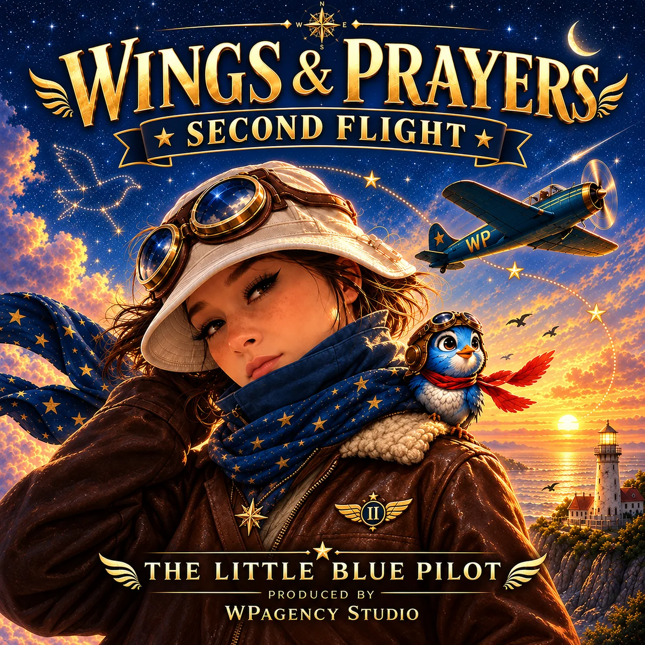 Wings & Prayers: Second Flight cover art — a young pilot in a cream cap with brass goggles pushed up over the brim and a blue star-patterned scarf, a small bluebird in aviator goggles and a red scarf on her shoulder, a WP-marked propeller plane, a crescent moon and a constellation in the shape of a bird over a sunset sea and a lighthouse. A II wings badge on her jacket. Produced by WPAgency Studio.
