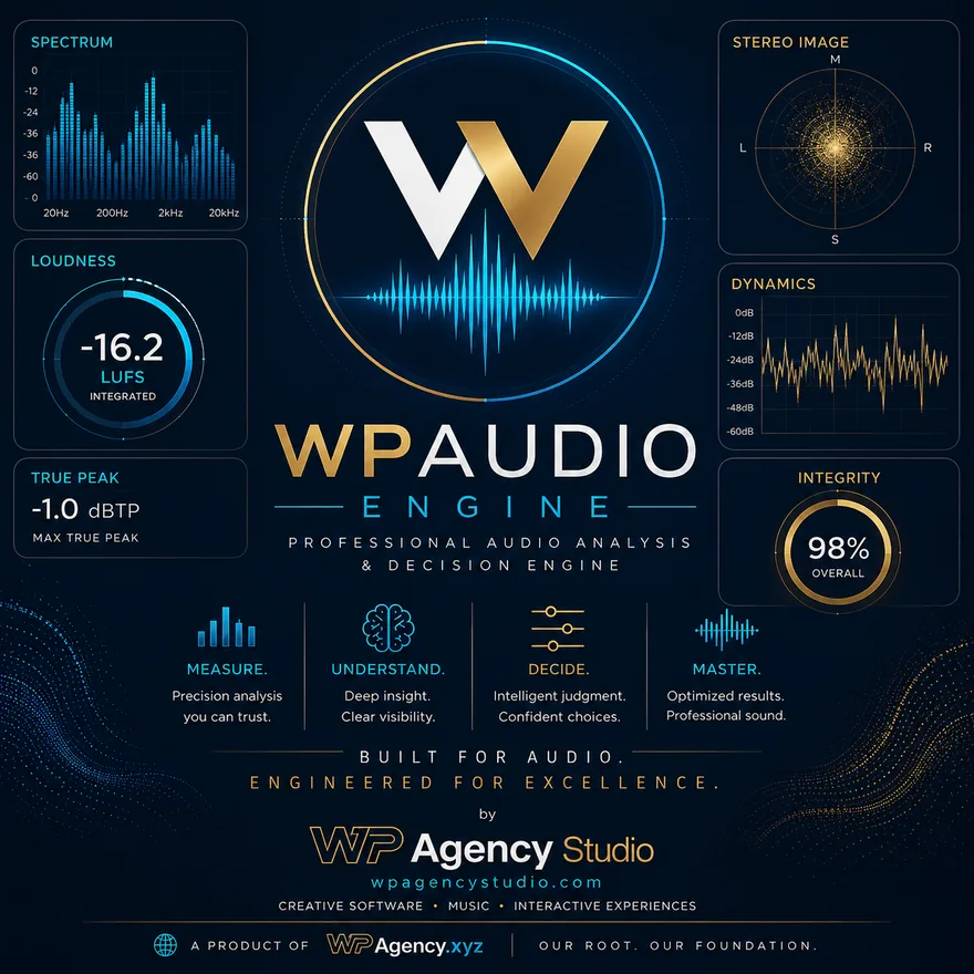 The WPAudio Engine product splash: the WP monogram over a waveform, ringed by
             illustrative analyser panels — spectrum, loudness, true peak, stereo image, dynamics
             and integrity — above the line Measure. Understand. Decide. Master.